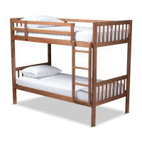 Baxton Studio MG0045-Walnut-Twin Bunk Bed Jude Modern and Contemporary Walnut Brown Finished Wood Twin Size Bunk Bed